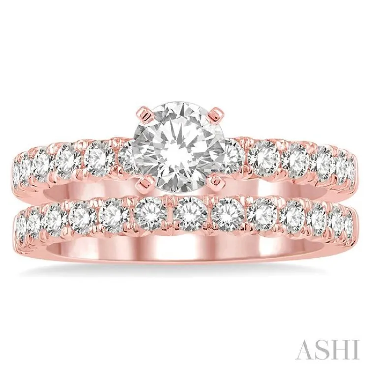 1 1/2 Ctw Diamond Wedding Set With 1 Ctw Round cut Engagement Ring and 1/2 Ctw Wedding Band in 14K Rose Gold