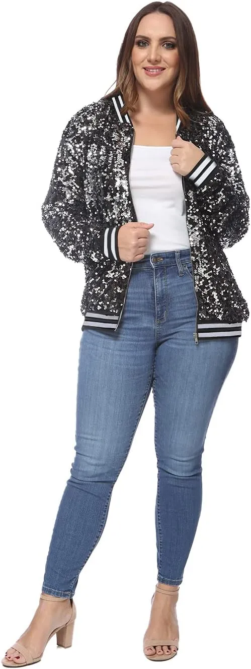 Anna-Kaci Women's Plus Size Sparkly Jacket Long Sleeve Zip Up Sequin Bomber Jacket Coat