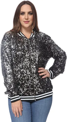Anna-Kaci Women's Plus Size Sparkly Jacket Long Sleeve Zip Up Sequin Bomber Jacket Coat