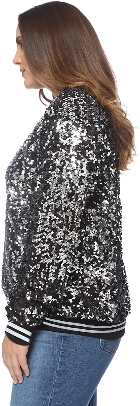Anna-Kaci Women's Plus Size Sparkly Jacket Long Sleeve Zip Up Sequin Bomber Jacket Coat