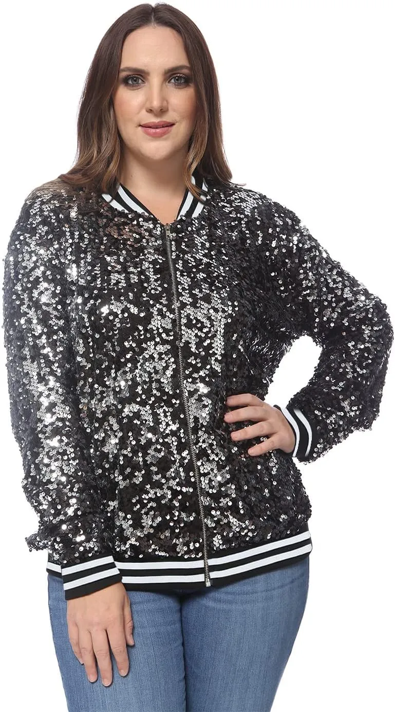 Anna-Kaci Women's Plus Size Sparkly Jacket Long Sleeve Zip Up Sequin Bomber Jacket Coat