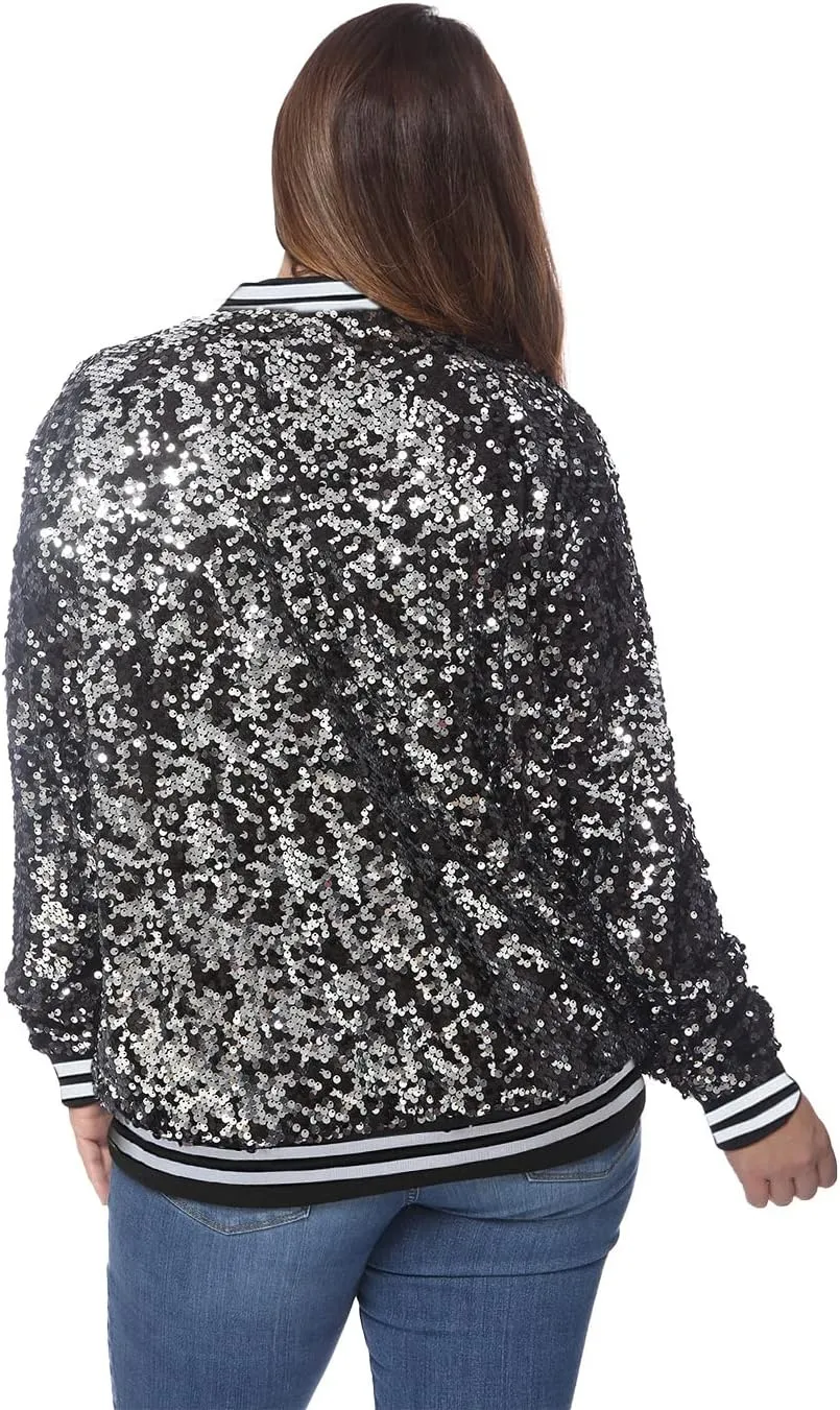 Anna-Kaci Women's Plus Size Sparkly Jacket Long Sleeve Zip Up Sequin Bomber Jacket Coat