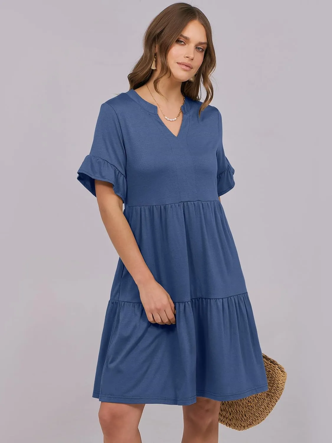 ANRABESS Womens Summer 2025 Trendy Ruffle Short Sleeve V Neck A Line Tiered Flowy Loose Casual Mini Beach Dress with Pockets
