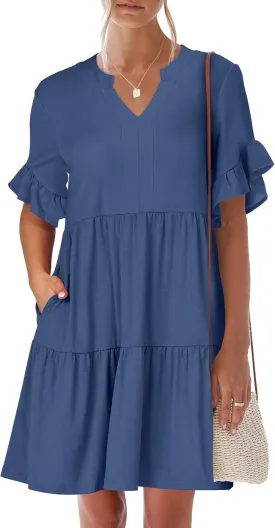 ANRABESS Womens Summer 2025 Trendy Ruffle Short Sleeve V Neck A Line Tiered Flowy Loose Casual Mini Beach Dress with Pockets