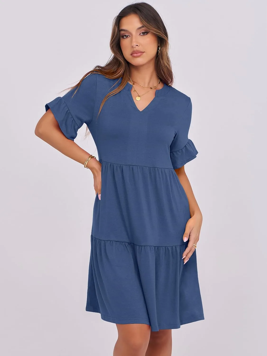 ANRABESS Womens Summer 2025 Trendy Ruffle Short Sleeve V Neck A Line Tiered Flowy Loose Casual Mini Beach Dress with Pockets