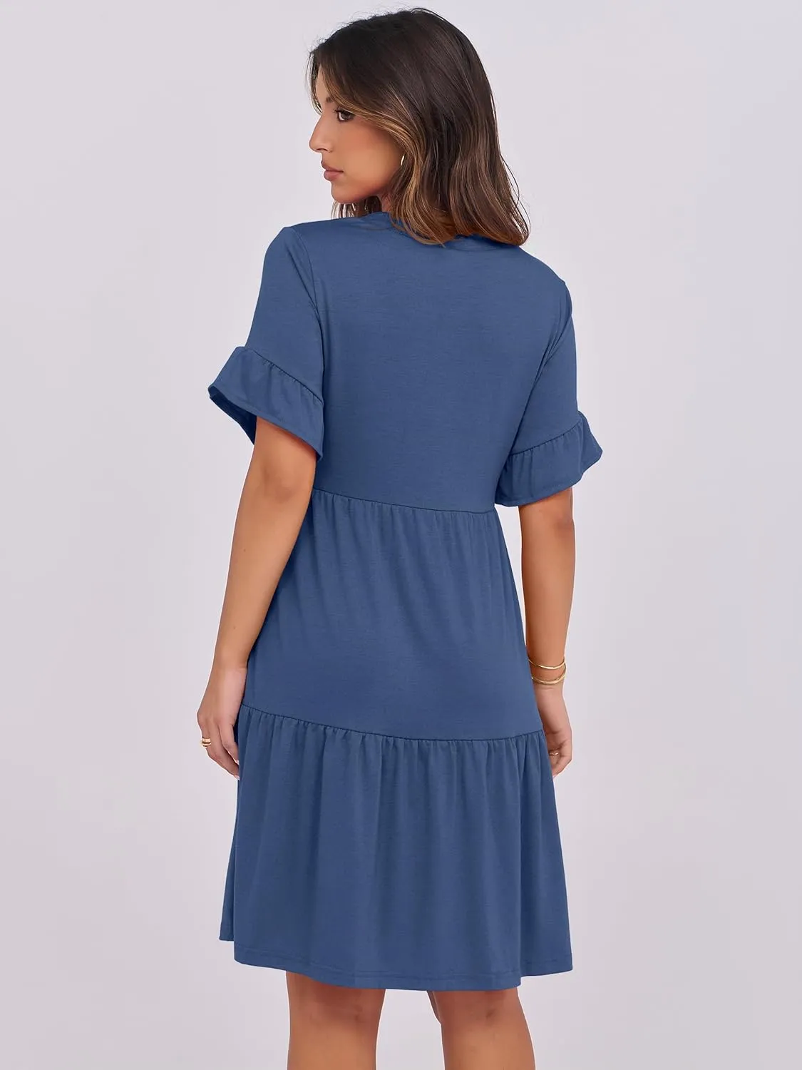 ANRABESS Womens Summer 2025 Trendy Ruffle Short Sleeve V Neck A Line Tiered Flowy Loose Casual Mini Beach Dress with Pockets