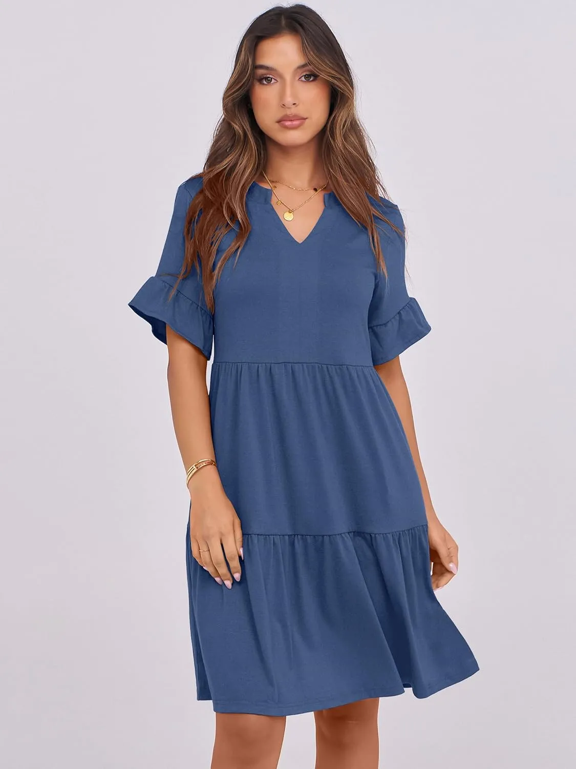 ANRABESS Womens Summer 2025 Trendy Ruffle Short Sleeve V Neck A Line Tiered Flowy Loose Casual Mini Beach Dress with Pockets