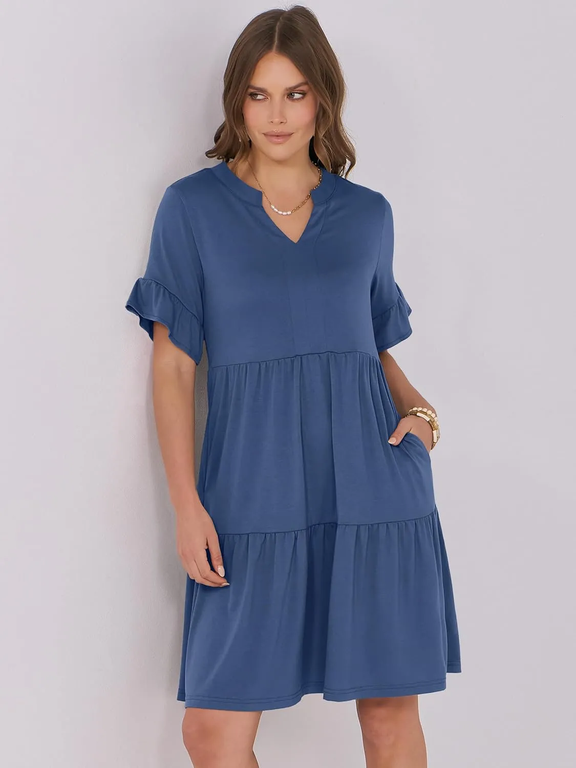 ANRABESS Womens Summer 2025 Trendy Ruffle Short Sleeve V Neck A Line Tiered Flowy Loose Casual Mini Beach Dress with Pockets