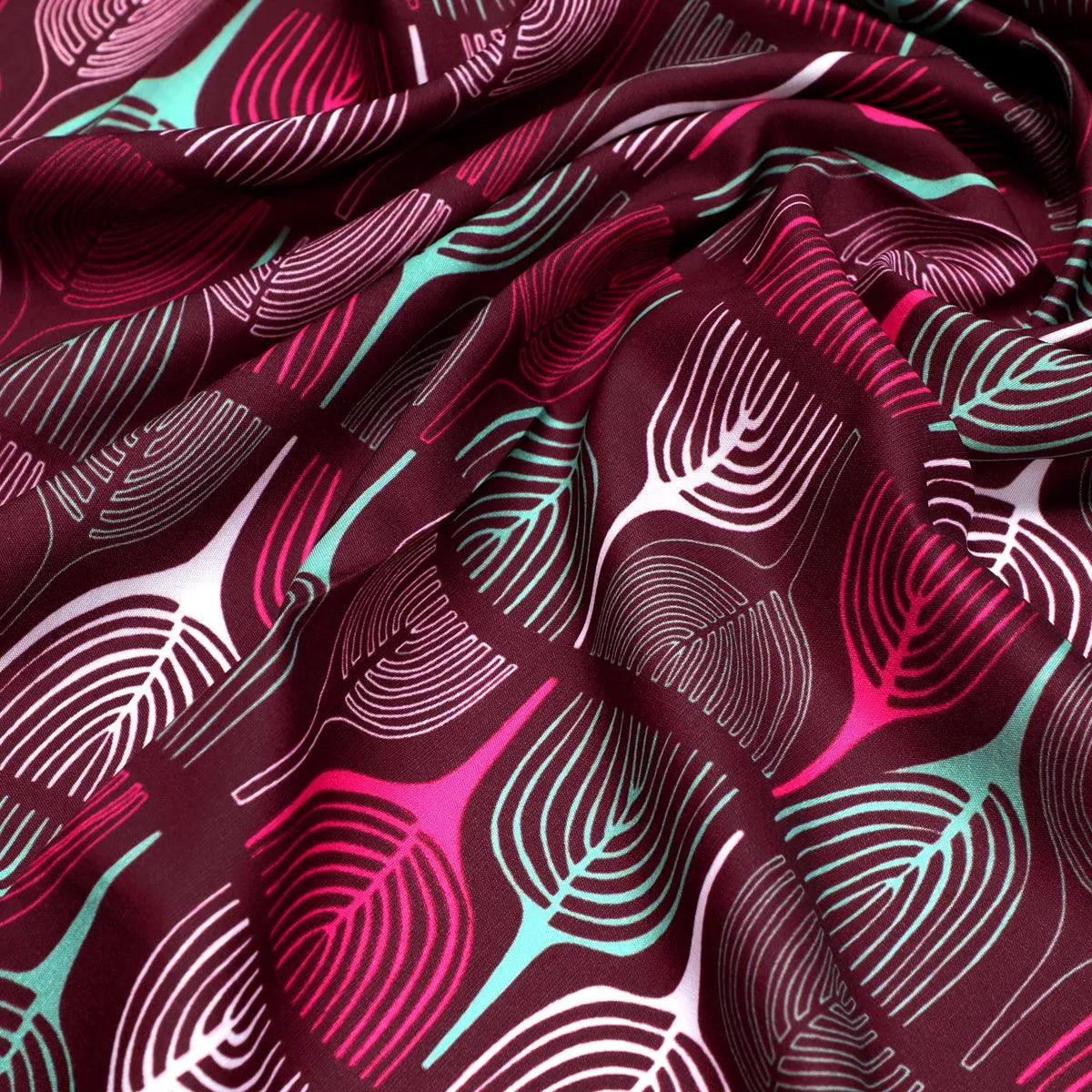 Bold Colourful Mahogany Leaf Digital Printed Fabric - Kora Silk