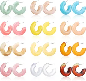 Ecally 12 Pairs Acrylic Resin Hoop Earrings Set Multiple Colors Resin Hoops Summer Lightweight Marble Earrings for Women Party Gifts Jewelry
