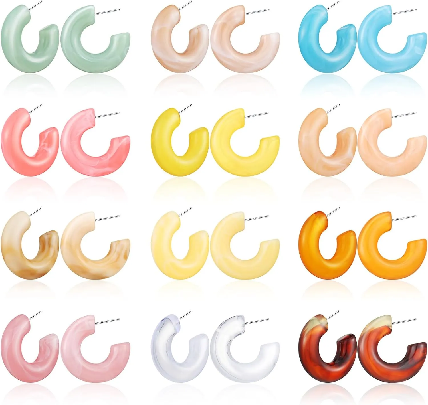 Ecally 12 Pairs Acrylic Resin Hoop Earrings Set Multiple Colors Resin Hoops Summer Lightweight Marble Earrings for Women Party Gifts Jewelry