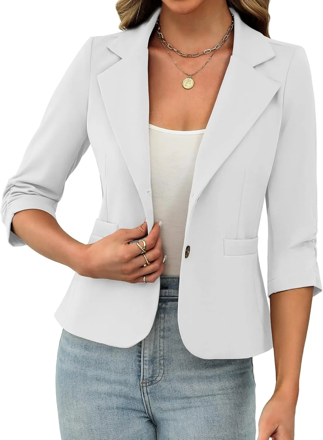 ELLEVEN Womens Casual 3/4 Sleeve Knit Blazers - High Stretch Business Work Suit Slim Fit Jacket with Pockets
