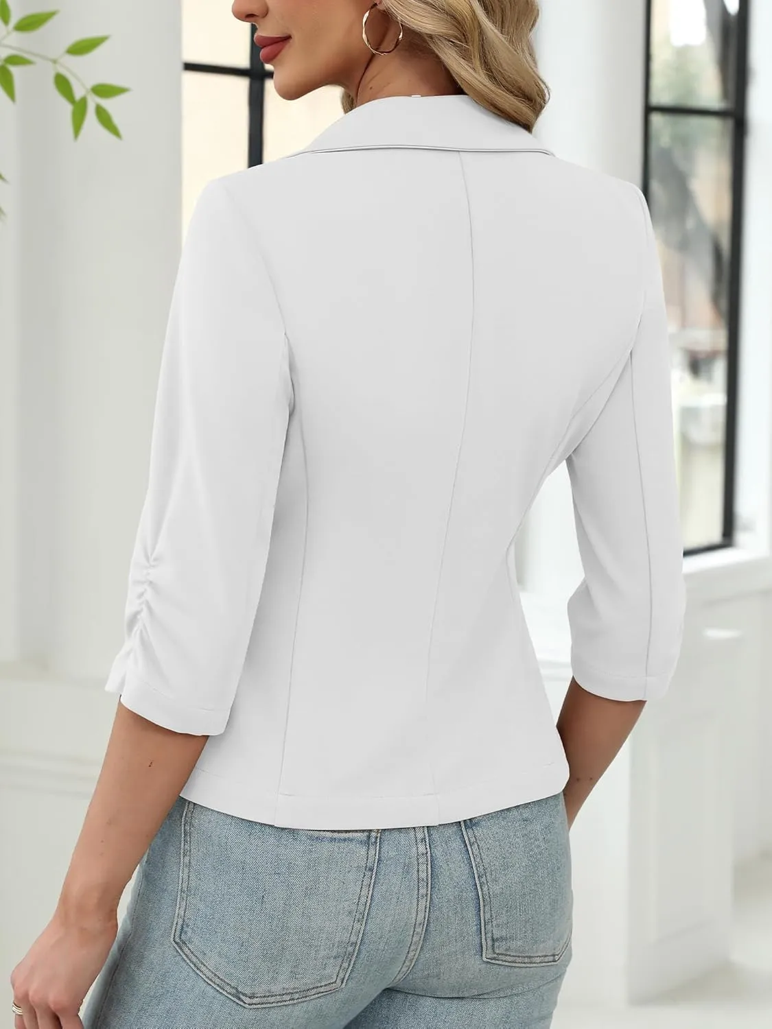 ELLEVEN Womens Casual 3/4 Sleeve Knit Blazers - High Stretch Business Work Suit Slim Fit Jacket with Pockets