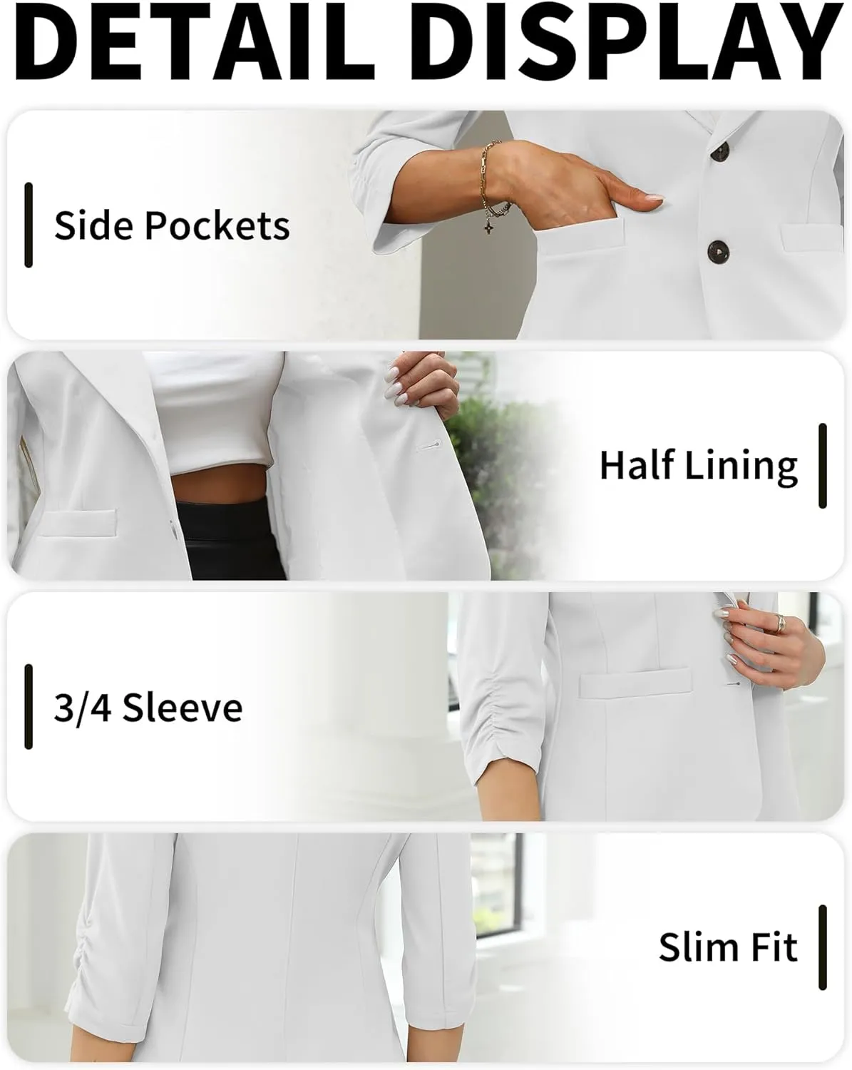 ELLEVEN Womens Casual 3/4 Sleeve Knit Blazers - High Stretch Business Work Suit Slim Fit Jacket with Pockets