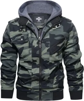 HOOD CREW Mens Casual Stand Collar PU Faux Leather Zip-Up Motorcycle Bomber Jacket With a Removable Hood