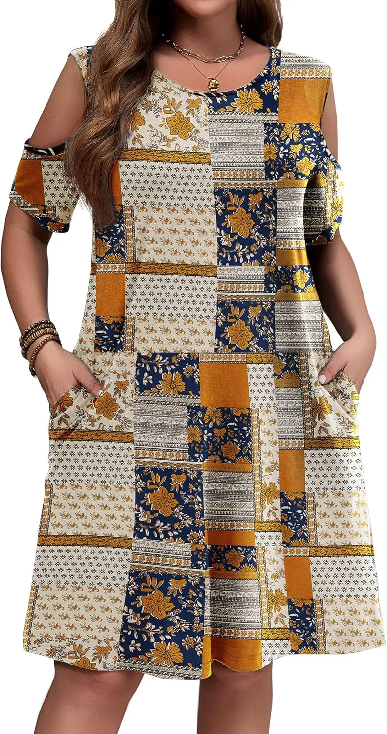 IN'VOLAND Women's Plus Size Summer Dress Short Sleeve Beach Floral Crew Neck Casual Mini Dresses with Pockets