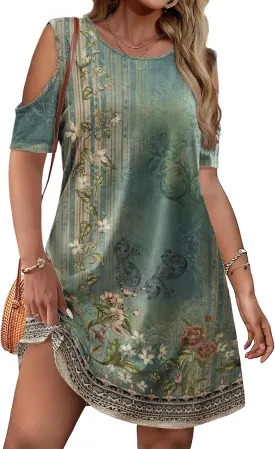 IN'VOLAND Women's Plus Size Summer Dress Short Sleeve Beach Floral Crew Neck Casual Mini Dresses with Pockets