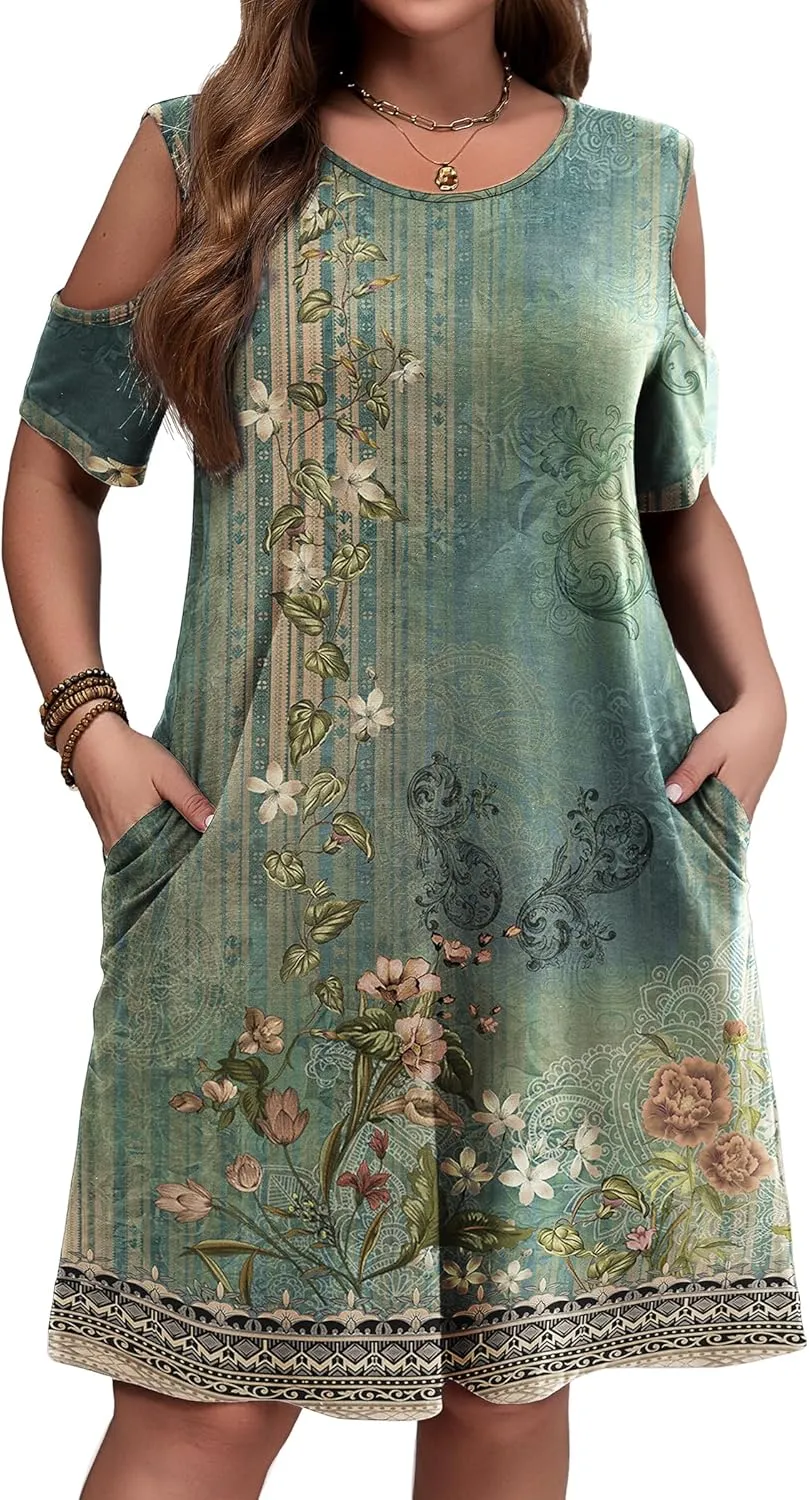 IN'VOLAND Women's Plus Size Summer Dress Short Sleeve Beach Floral Crew Neck Casual Mini Dresses with Pockets