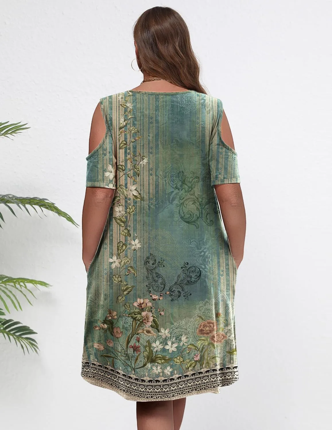 IN'VOLAND Women's Plus Size Summer Dress Short Sleeve Beach Floral Crew Neck Casual Mini Dresses with Pockets