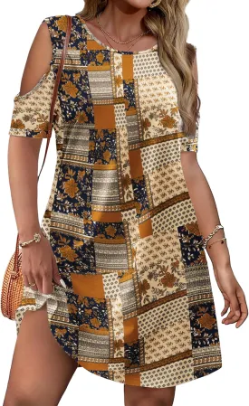 IN'VOLAND Women's Plus Size Summer Dress Short Sleeve Beach Floral Crew Neck Casual Mini Dresses with Pockets