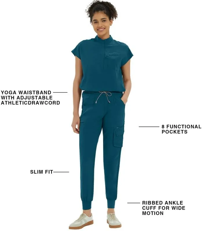Medical Scrub Pants for Women  Mid Rise Jogger Pants with Yoga Waistband, 4-Way Stretch, Anti-Wrinkle & 8 Pockets