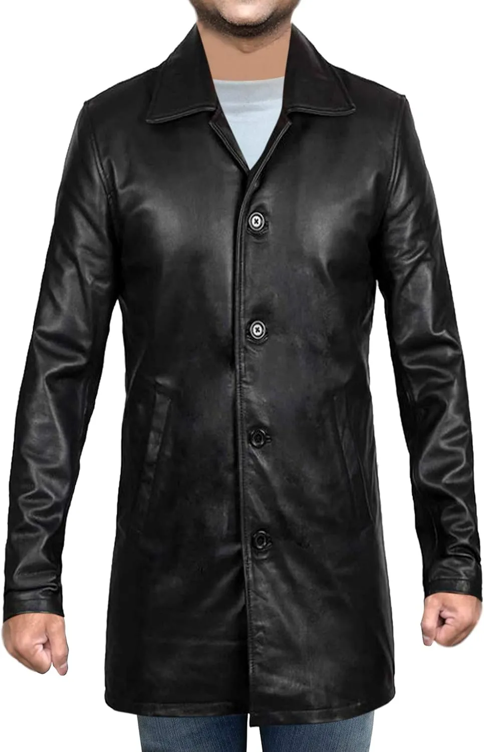 Mens Slimfit Long Sheepskin Leather Coat  Button Closure Partywear with Polyester Lining