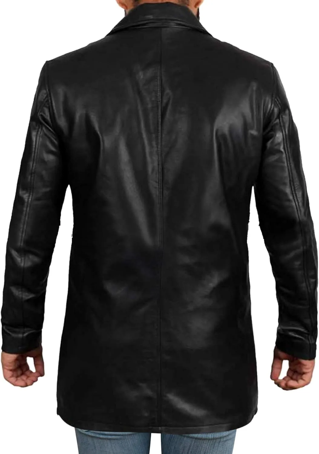 Mens Slimfit Long Sheepskin Leather Coat  Button Closure Partywear with Polyester Lining
