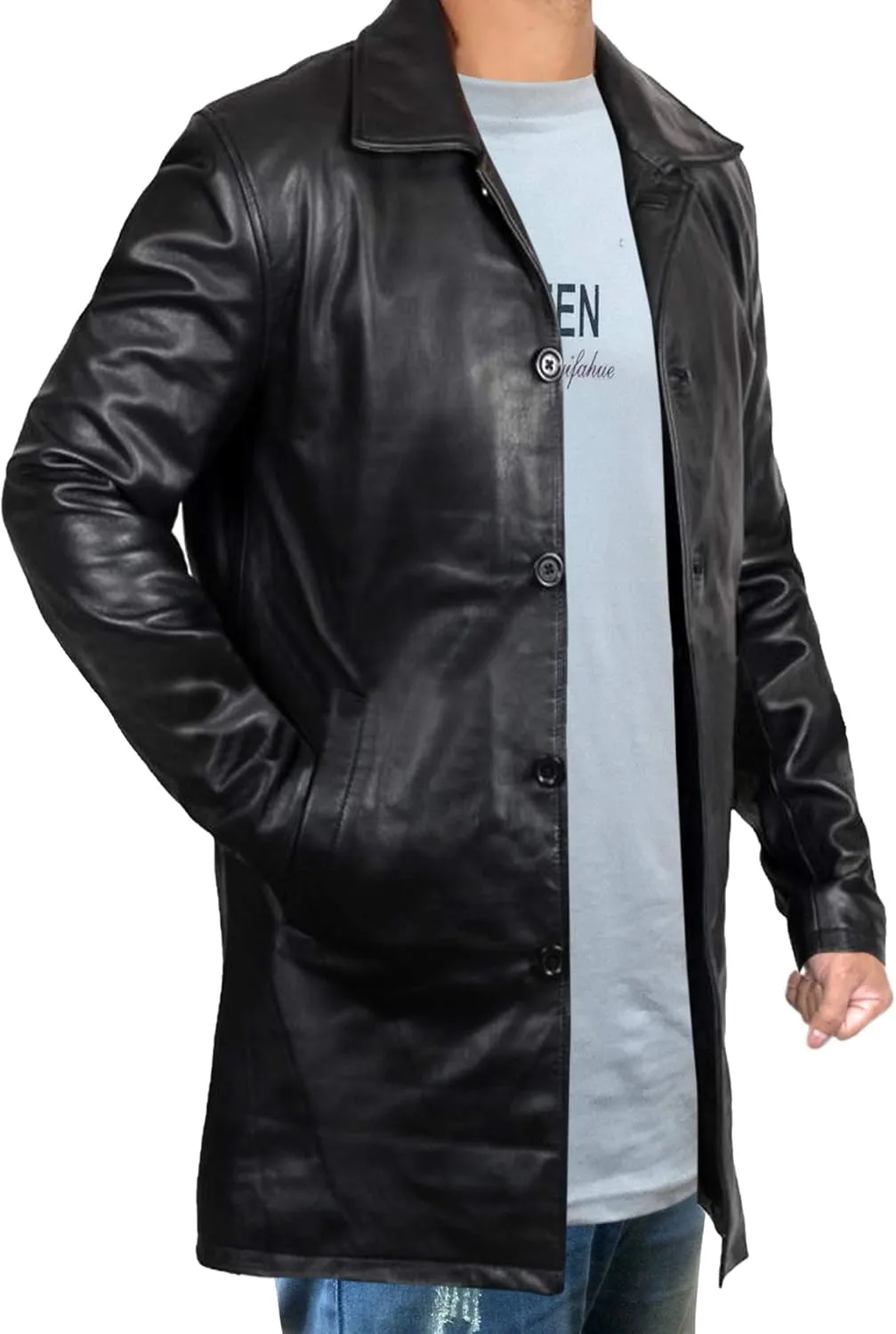 Mens Slimfit Long Sheepskin Leather Coat  Button Closure Partywear with Polyester Lining