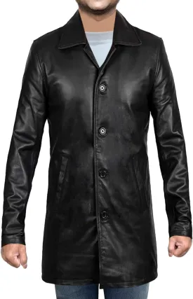 Mens Slimfit Long Sheepskin Leather Coat  Button Closure Partywear with Polyester Lining