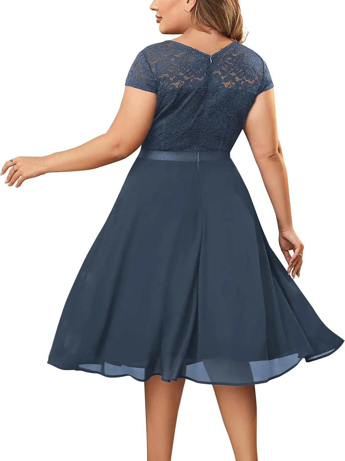 Miusol Women's Plus Size Ruffle Floral Lace Contrast Chiffon Formal Bridesmaid Party A-Line Cocktail Dress