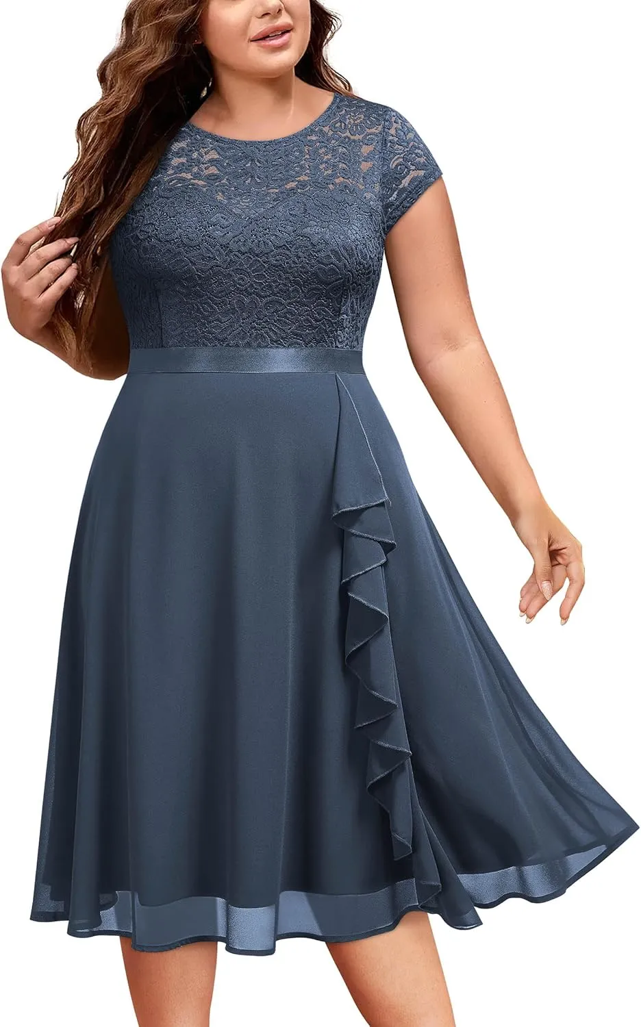 Miusol Women's Plus Size Ruffle Floral Lace Contrast Chiffon Formal Bridesmaid Party A-Line Cocktail Dress