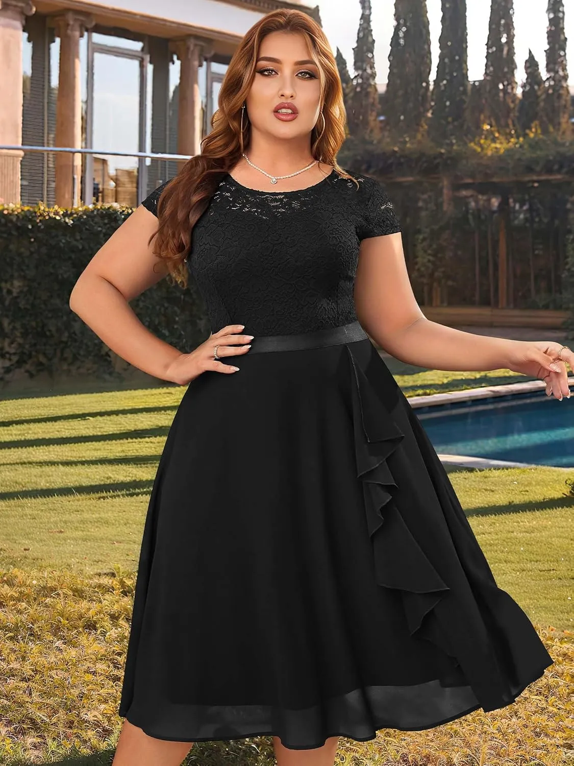 Miusol Women's Plus Size Ruffle Floral Lace Contrast Chiffon Formal Bridesmaid Party A-Line Cocktail Dress