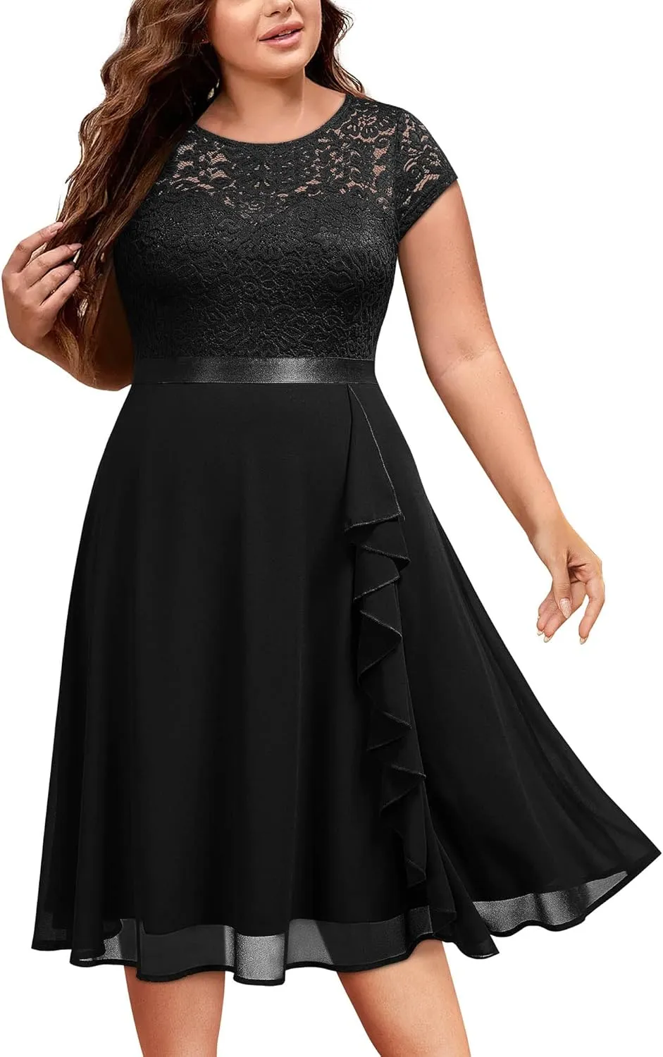 Miusol Women's Plus Size Ruffle Floral Lace Contrast Chiffon Formal Bridesmaid Party A-Line Cocktail Dress