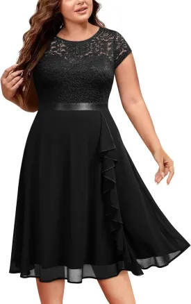 Miusol Women's Plus Size Ruffle Floral Lace Contrast Chiffon Formal Bridesmaid Party A-Line Cocktail Dress