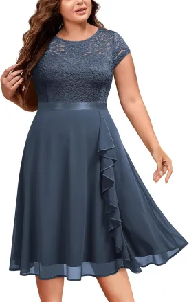 Miusol Women's Plus Size Ruffle Floral Lace Contrast Chiffon Formal Bridesmaid Party A-Line Cocktail Dress