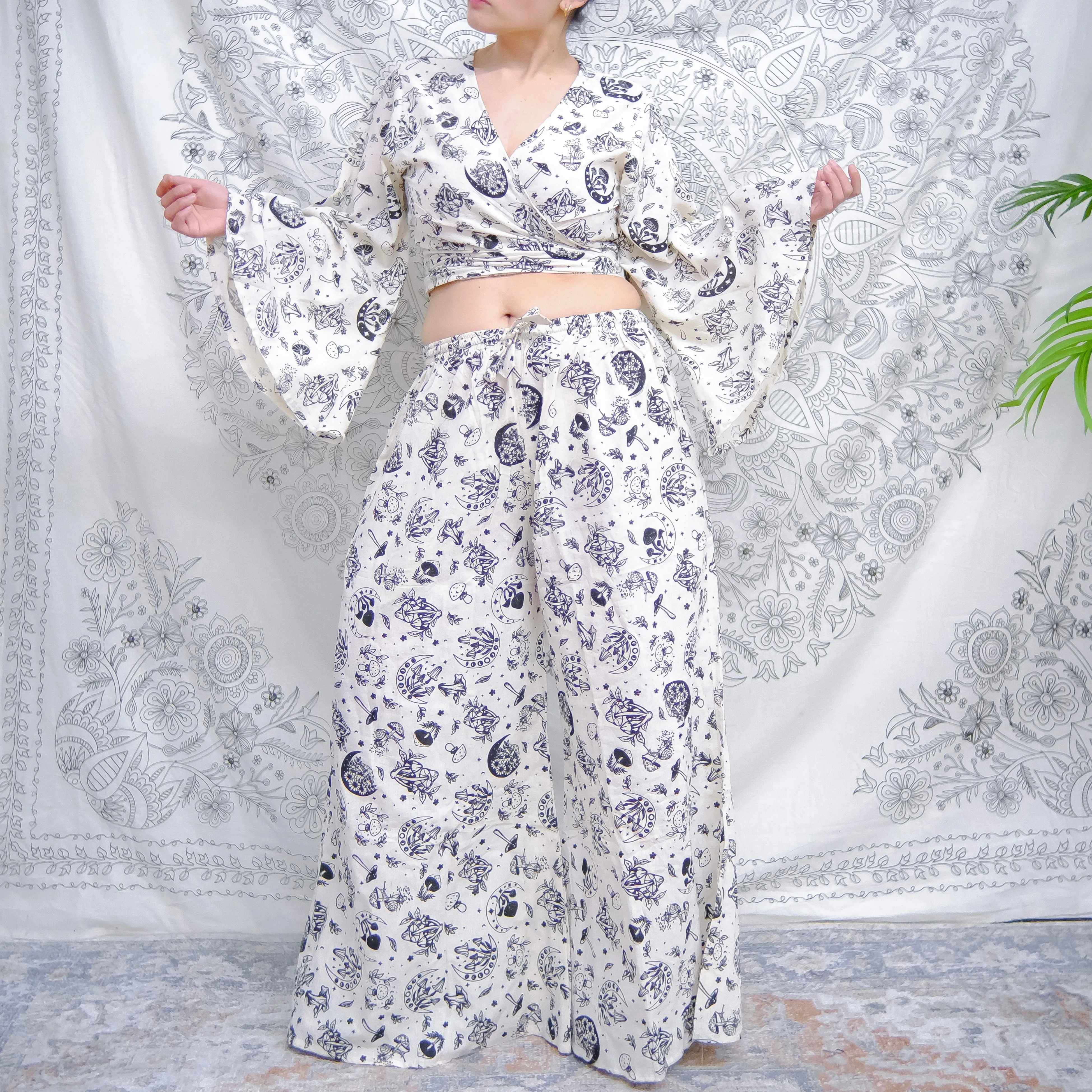 Mushroom Print Whimsy Boho Hippie Two Piece Pant   Tie Top Set