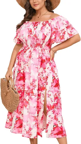 Plus Size Maxi Dress Off The Shoulder Ruffle Smocked Wedding Guest Cocktail Slit Hem Flowy Dresses for Curvy Women