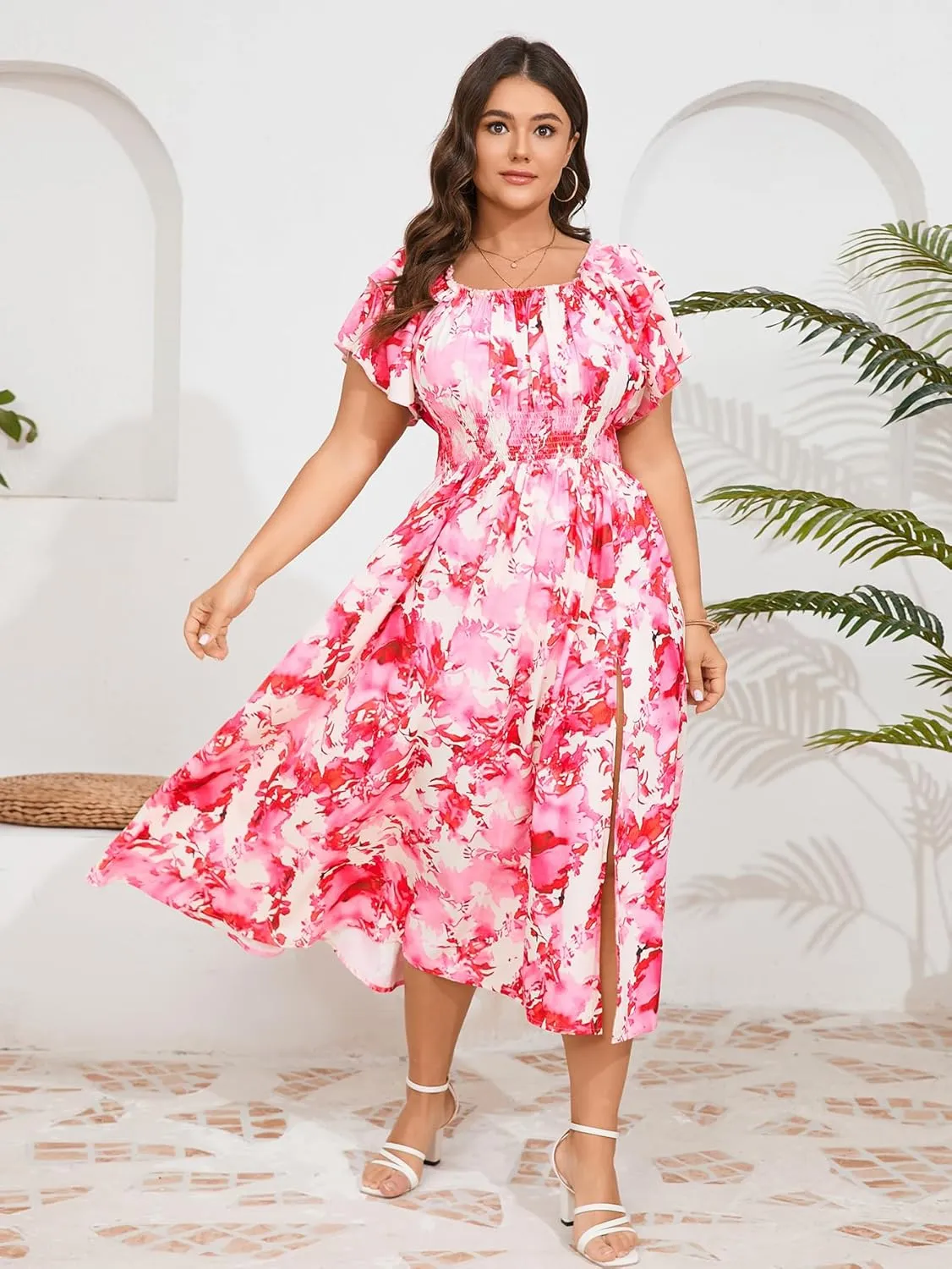 Plus Size Maxi Dress Off The Shoulder Ruffle Smocked Wedding Guest Cocktail Slit Hem Flowy Dresses for Curvy Women