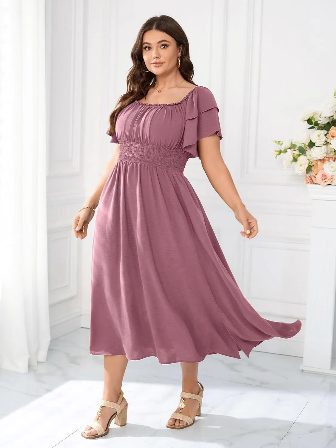 Plus Size Maxi Dress Off The Shoulder Ruffle Smocked Wedding Guest Cocktail Slit Hem Flowy Dresses for Curvy Women