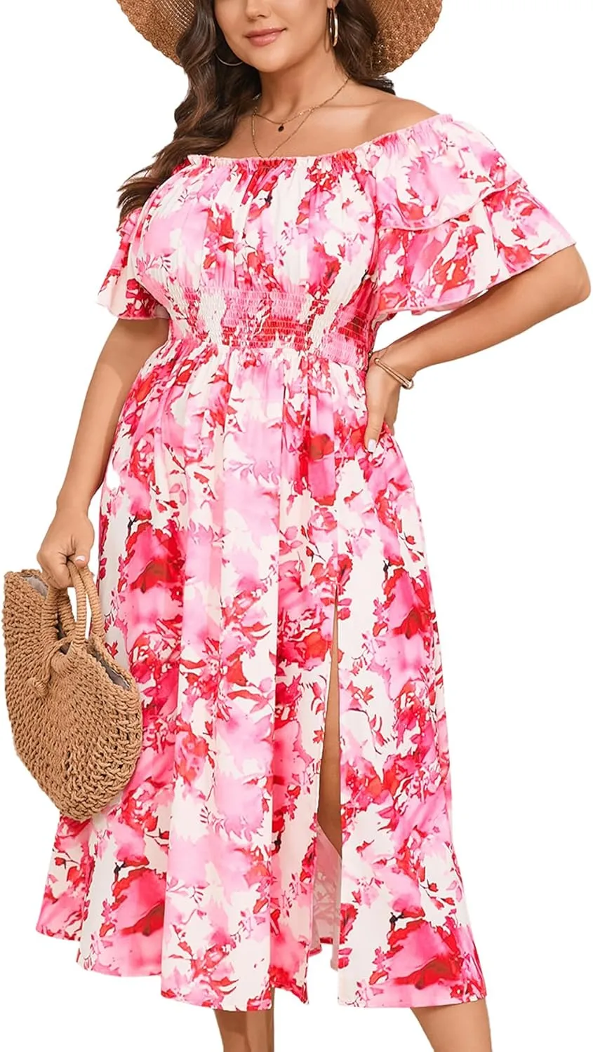 Plus Size Maxi Dress Off The Shoulder Ruffle Smocked Wedding Guest Cocktail Slit Hem Flowy Dresses for Curvy Women