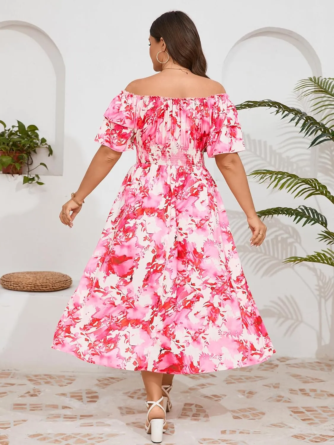 Plus Size Maxi Dress Off The Shoulder Ruffle Smocked Wedding Guest Cocktail Slit Hem Flowy Dresses for Curvy Women