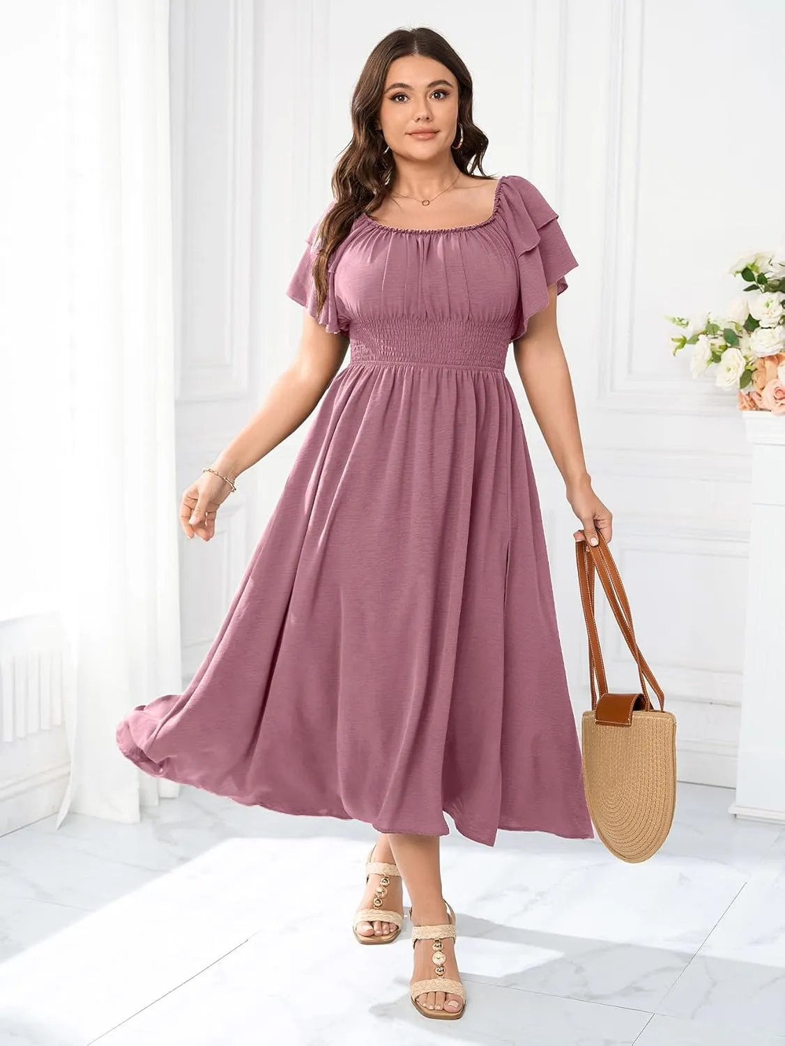 Plus Size Maxi Dress Off The Shoulder Ruffle Smocked Wedding Guest Cocktail Slit Hem Flowy Dresses for Curvy Women