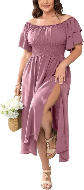 Plus Size Maxi Dress Off The Shoulder Ruffle Smocked Wedding Guest Cocktail Slit Hem Flowy Dresses for Curvy Women