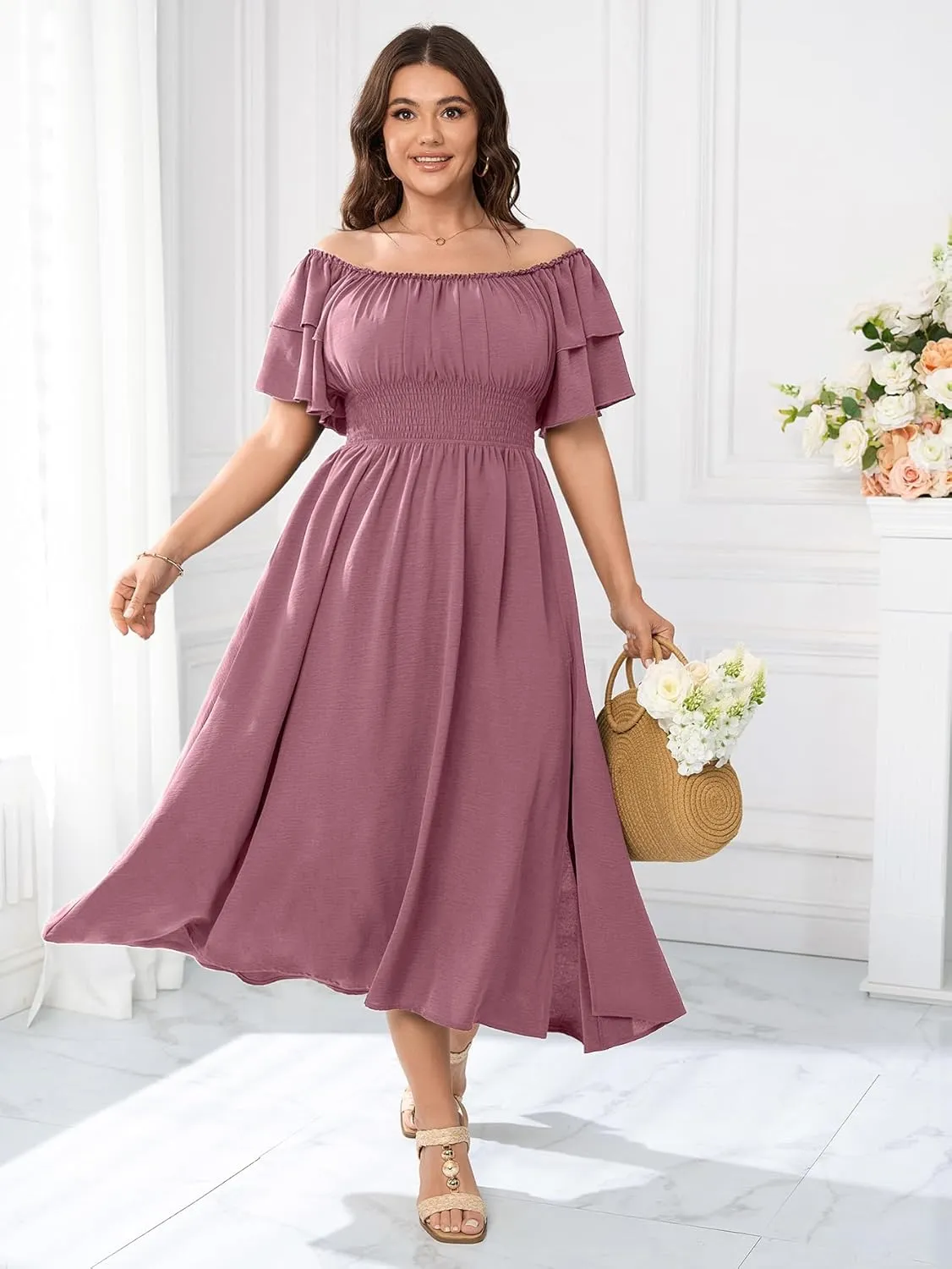Plus Size Maxi Dress Off The Shoulder Ruffle Smocked Wedding Guest Cocktail Slit Hem Flowy Dresses for Curvy Women