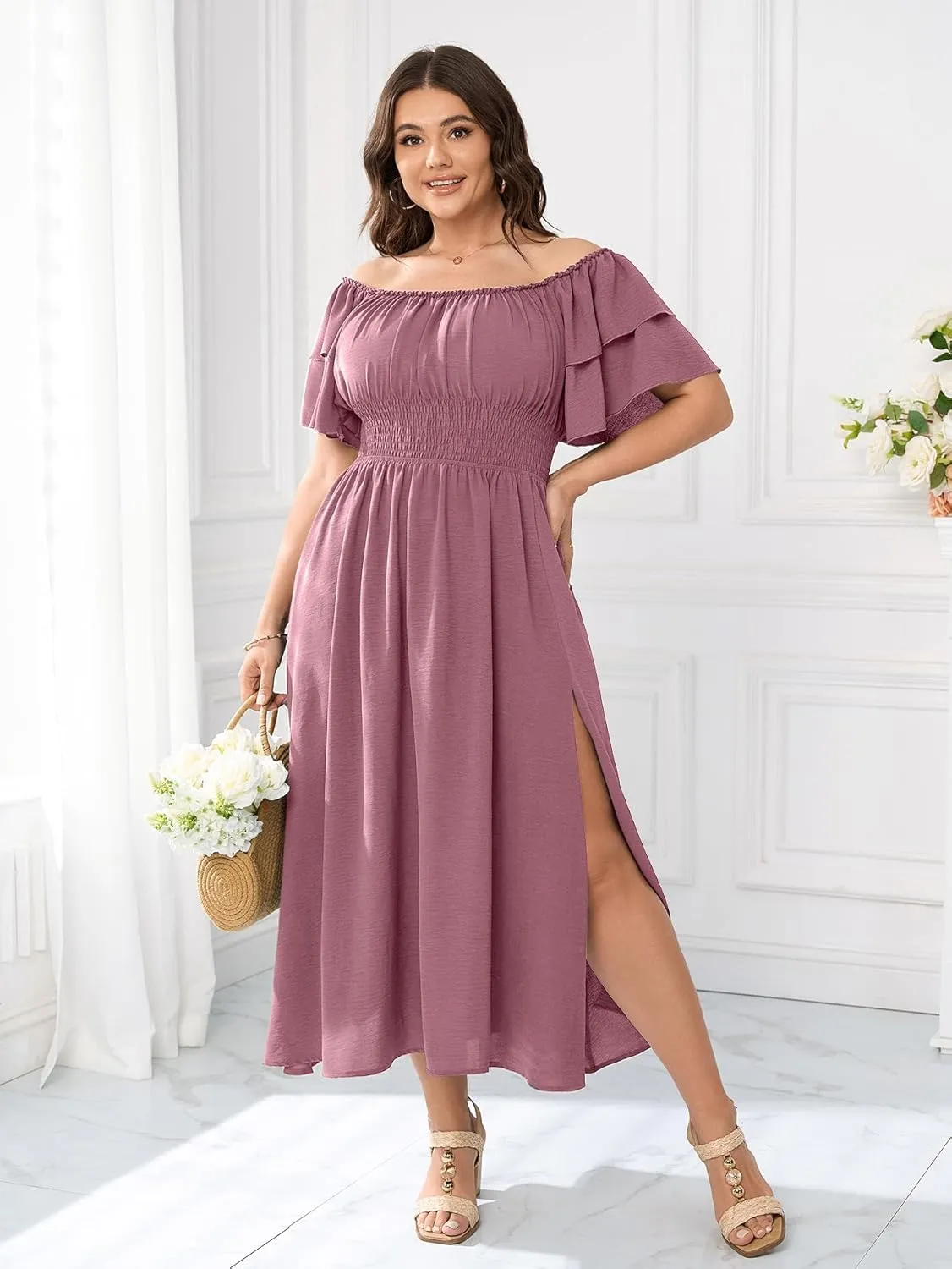 Plus Size Maxi Dress Off The Shoulder Ruffle Smocked Wedding Guest Cocktail Slit Hem Flowy Dresses for Curvy Women