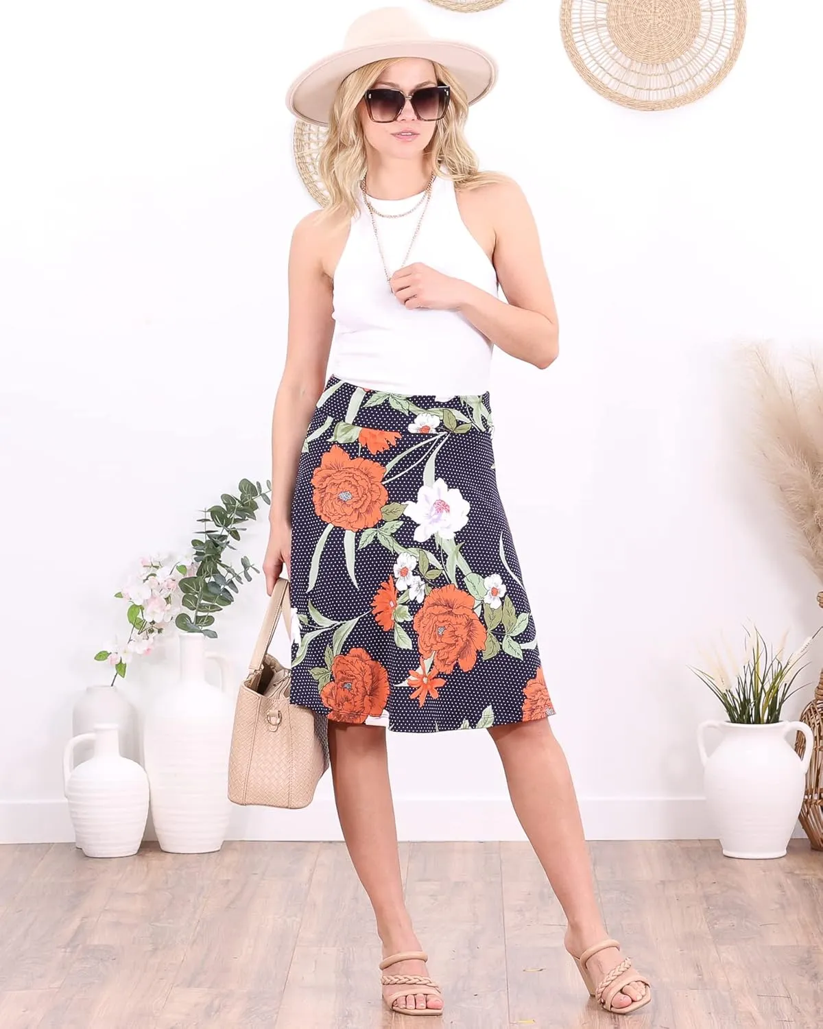 Popana Womens Casual Knee Length A-Line Stretch Midi Skirt Plus Size