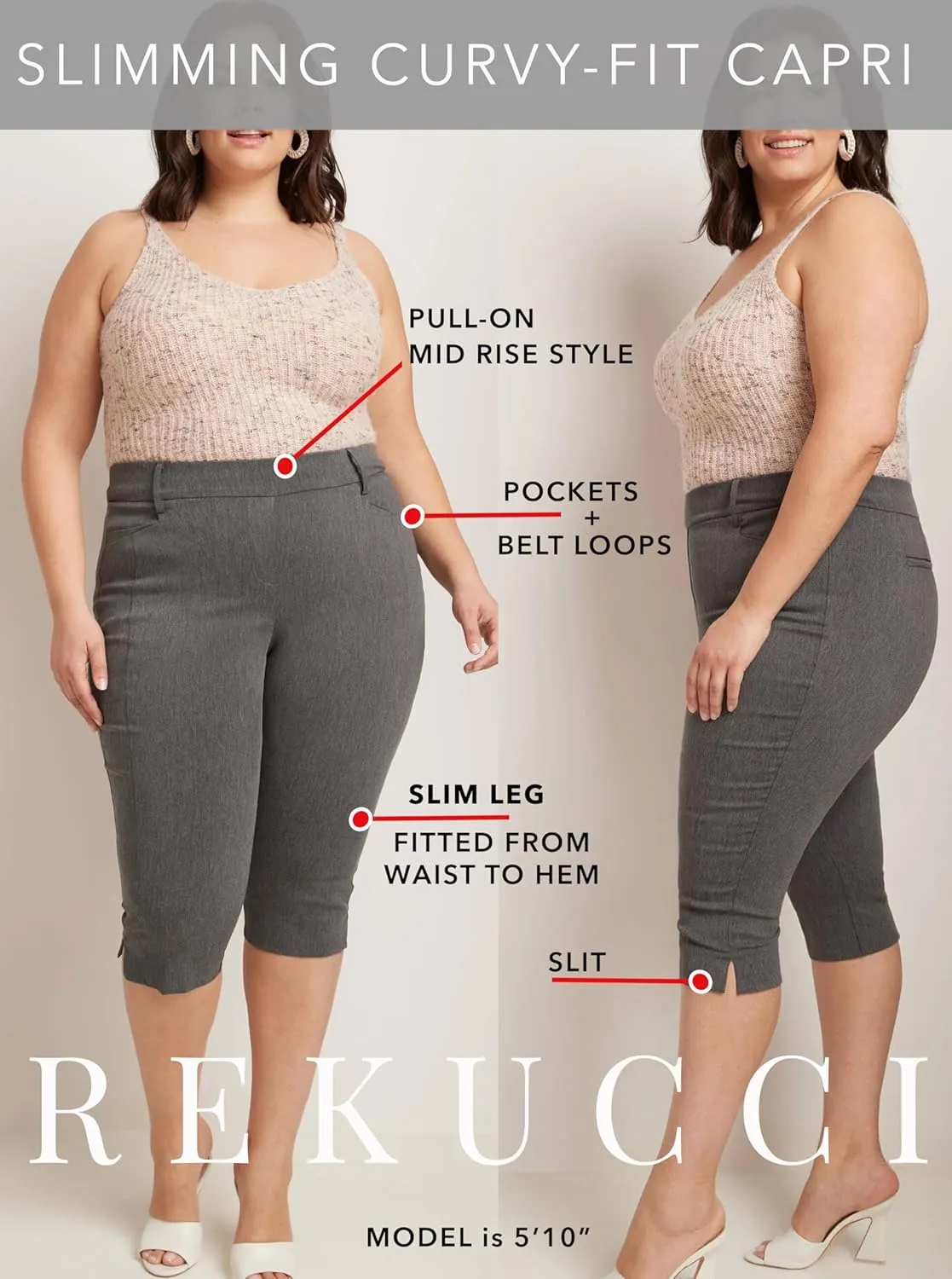 Rekucci Curvy Woman Ease into Comfort Plus Size Capri w/Tummy Control