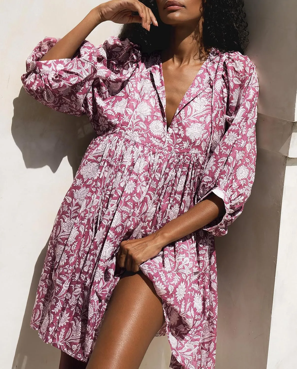 Womens Summer Dresses Casual Boho Floral Babydoll Balloon Sleeve Half Open Tether Flowy Short Beach Dress