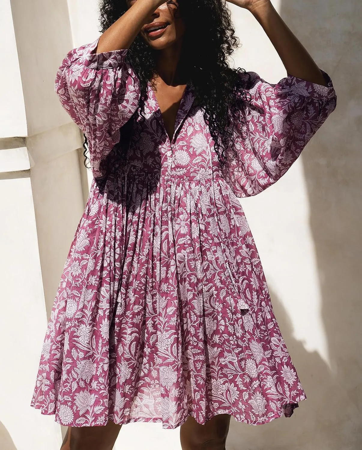 Womens Summer Dresses Casual Boho Floral Babydoll Balloon Sleeve Half Open Tether Flowy Short Beach Dress