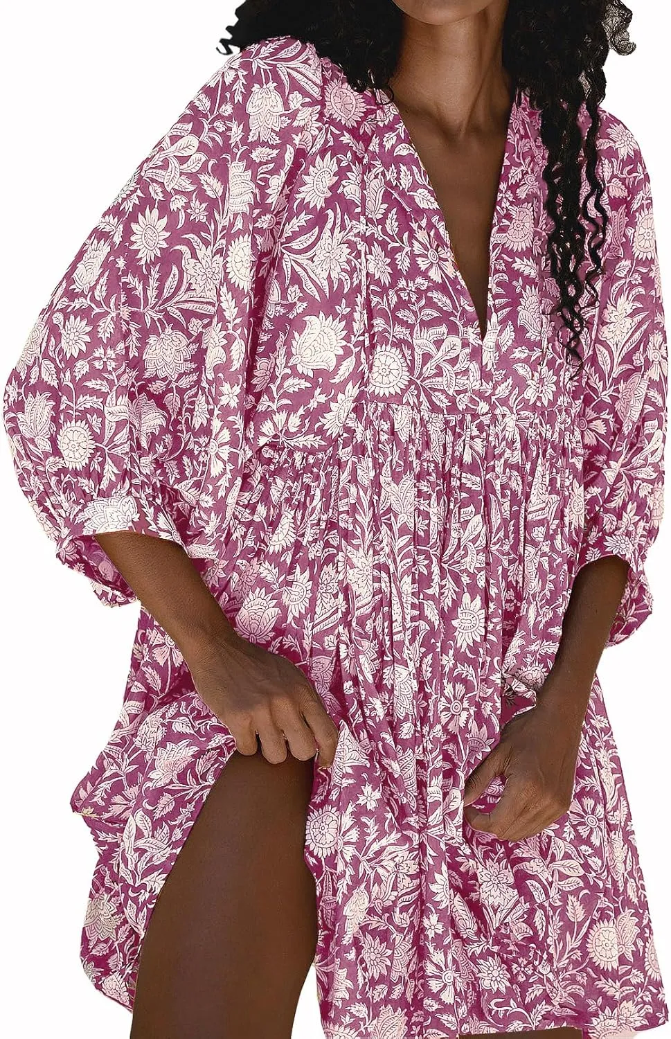 Womens Summer Dresses Casual Boho Floral Babydoll Balloon Sleeve Half Open Tether Flowy Short Beach Dress